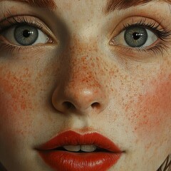 Wall Mural - Close-Up Portrait of a Woman with Blue Eyes and Freckles