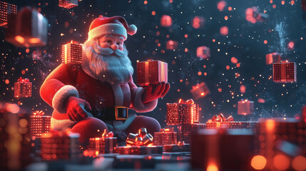 Wall Mural - Santa Claus joyfully holds gift amidst magical scene filled with glowing presents and festive lights, creating warm and cheerful holiday atmosphere