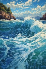 Ocean surface. Sea illustration with water waves, blue sky and white clouds graphics, cartoon seascape or waterscape. Rocks and mountains.