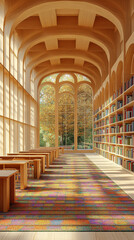 Poster - Brightly colored carpet in a library with large windows