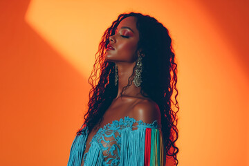 A woman with long curly hair wearing a blue dress