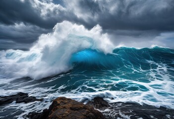 vibrant waves crashing rugged cliff edges blue ocean dramatic rocks under cloudy sky, beach, coastline, sunset, seascape, shoreline, water, foam, spray