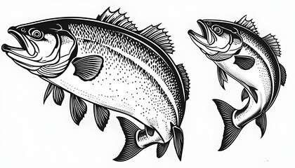 Wall Mural - Stylized Black and White Vector Illustration of a Salmon Fish