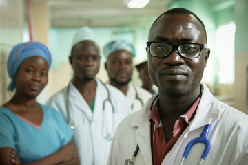 Photography of Senegal team of professional workers in a modern hospital.	