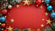 © chethan - Christmas Frame with Baubles, Stars, and Tinsel on Red Background – Top-Only Holiday Design