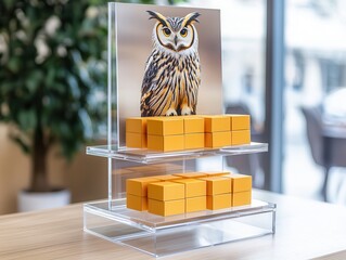 Wall Mural - Owl picture with gold boxes on a clear display stand.