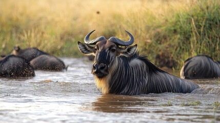 a wildebeest wades through a tranquil river while others relax nearby in a lush, sunlit savanna sett