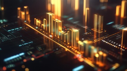 Leinwandbilder - A 3D bar graph depicting annual revenue growth, with gold and silver bars on a dark background, illuminated by futuristic lights and financial icons representing key performance indicators