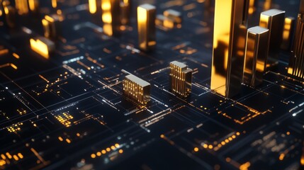 Leinwandbilder - A 3D bar graph depicting annual revenue growth, with gold and silver bars on a dark background, illuminated by futuristic lights and financial icons representing key performance indicators