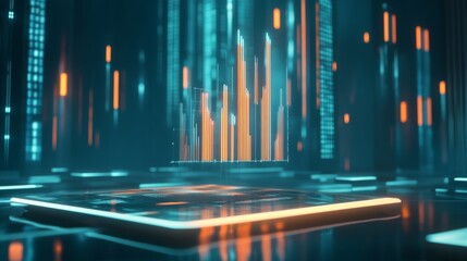 Leinwandbilder - A 3D bar graph floating above a digital tablet, with bars emerging from the screen, symbolizing real-time data analytics in a futuristic business environment.