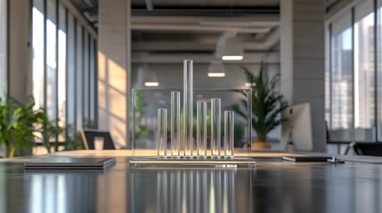 Aufkleber - A 3D bar graph in an office setting, with the bars rising from a transparent glass surface, representing quarterly business performance metrics with labels.