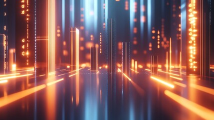 Fototapete - A 3D bar graph rising from a sleek, metallic surface, with glowing numbers and percentages floating around each bar, representing data growth in a corporate context