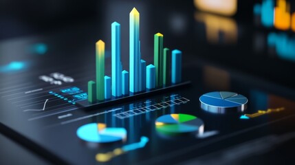 Poster - A 3D bar graph showcasing quarterly financial results, with blue and green bars rising on a sleek, modern financial dashboard with pie charts and arrows