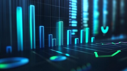 Poster - A 3D bar graph showcasing quarterly financial results, with blue and green bars rising on a sleek, modern financial dashboard with pie charts and arrows