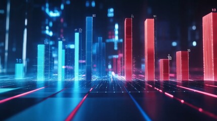 Poster - A 3D bar graph with blue and red bars, highlighting a business comparison between two competitors, with labels and numbers floating above each bar.