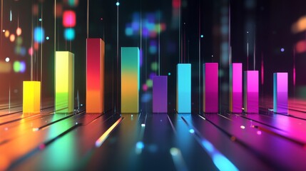 Fototapete - A 3D bar graph with colorful bars rising from a sleek, glossy surface, each bar representing different data points in a futuristic business presentation setting.