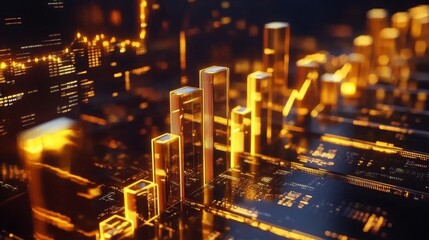 Fototapete - A 3D bar graph with gold bars emerging from a screen, symbolizing profit and revenue growth, with digital arrows and percentages indicating financial success