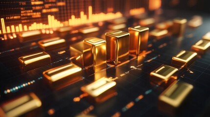 Fototapete - A 3D bar graph with gold bars emerging from a screen, symbolizing profit and revenue growth, with digital arrows and percentages indicating financial success