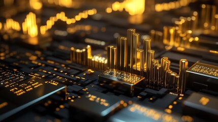 Leinwandbilder - A 3D financial bar graph with gold and silver bars, rising on a dark background with floating currency symbols and glowing data labels, representing stock market performance