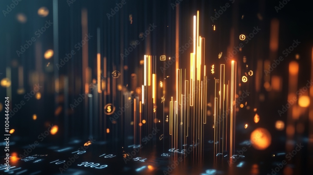 A 3D financial bar graph with gold and silver bars, rising on a dark ...