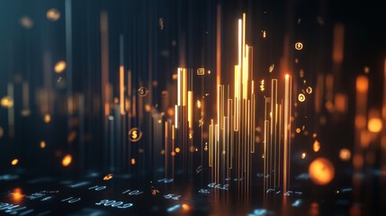 Leinwandbilder - A 3D financial bar graph with gold and silver bars, rising on a dark background with floating currency symbols and glowing data labels, representing stock market performance