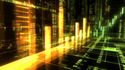 Poster - A 3D financial graph showing a steady rise in business revenue, with reflective bars and glowing numbers, set against a background of global financial data and trends.