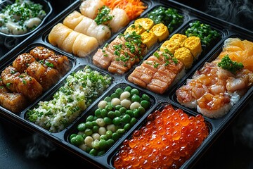 A tray of assorted sushi and other Asian food