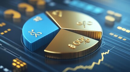 Poster - A 3D financial graph showing a steady rise in business revenue, with reflective bars and glowing numbers, set against a background of global financial data and trends.