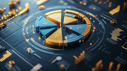 Poster - A 3D financial graph showing a steady rise in business revenue, with reflective bars and glowing numbers, set against a background of global financial data and trends.