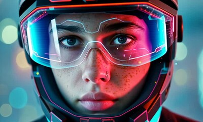 Wall Mural - A young astronaut gazes intently into the vastness of space, adorned with a high-tech helmet illuminating her features. The scene is awash with neon colors, evoking a sense of wonder