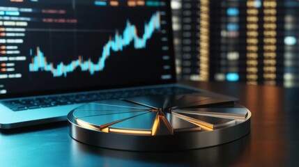 Leinwandbilder - A 3D financial pie chart with metallic segments, representing market share distribution, placed on a modern desk with a laptop displaying stock charts and analytics.