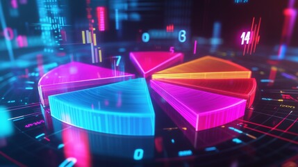 Poster - A 3D pie chart with transparent slices in bright colors, rotating in mid-air, with numbers and data labels floating around each segment in a digital environment