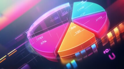 Poster - A 3D pie chart with transparent slices in bright colors, rotating in mid-air, with numbers and data labels floating around each segment in a digital environment