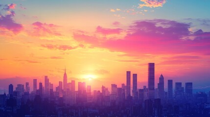 Poster - A beautiful sunset view of a city skyline featuring high-rise buildings silhouetted against a colorful sky, creating a picturesque moment of urban tranquility.