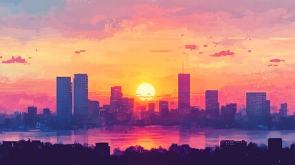 Poster - A beautiful sunset view of a city skyline featuring high-rise buildings silhouetted against a colorful sky, creating a picturesque moment of urban tranquility.