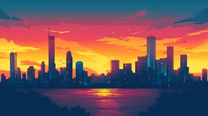 Poster - A beautiful sunset view of a city skyline featuring high-rise buildings silhouetted against a colorful sky, creating a picturesque moment of urban tranquility.