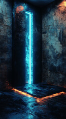 Wall Mural - A glowing blue neon light illuminates a dark, concrete room.