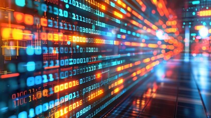 Close-up colorful binary code with bright neon lights, representing blockchain data transfer, dynamic, futuristic image showcases digital information, communication, secure in modern technology.