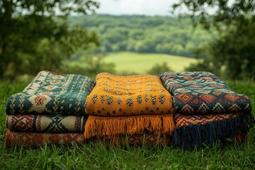 Three colorful blankets are stacked on top of each other on a grassy field