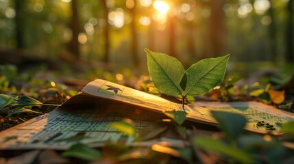 Wall Mural - Young green leaves growing from pages open financial document. Sunlight filters through trees in the background, symbolizing connection between sustainable growth, eco-friendly finance.