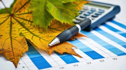 Wall Mural - Autumn-colored leaves rest on top financial charts with pen, calculator nearby, combining themes nature finance, vibrant yellow and green leaves symbolize change, seasonality in economic planning.