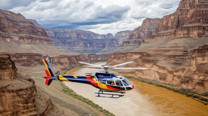 A colorful sightseeing helicopter flying over a canyon, offering a birds-eye view of the dramatic landscape.