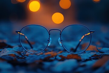 A pair of glasses is sitting on a pile of leaves