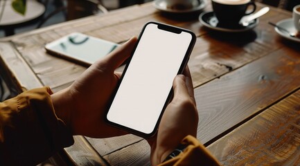 Man using modern technology holding smartphone with blank, white screen in hand, sitting in cafe, mockup.