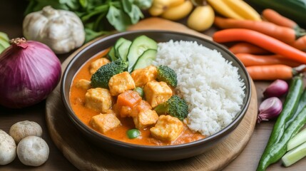 Poster - A beautifully plated dish of Massaman curry served with jasmine rice, surrounded by fresh vegetables, illustrating the rich flavors and vibrant colors of authentic Thai cuisine.