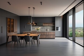 Poster - Photography of Beautiful Grey in Modern Kitchen in a Luxury Apartment with Stainless Steel Appliances.