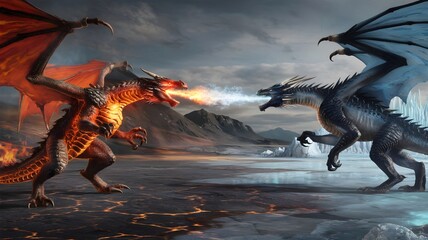 Two fearsome dragons locked in an intense battle, one breathing scorching flames and the other exhaling icy frost.