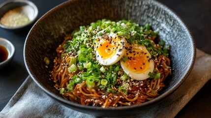 A beautifully presented bowl of yakisoba topped with chopped green onions, sesame seeds, and a soft-boiled egg, served alongside a small dish of spicy sauce for added flavor