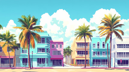 Wall Mural - Vibrant pastel-colored art deco buildings line ocean drive, palm trees sway in the ocean breeze, against a bright blue sky with puffy white clouds. Deco Art. Illustration