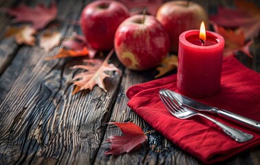 Wall Mural - autumn table setting with red candle and napkin